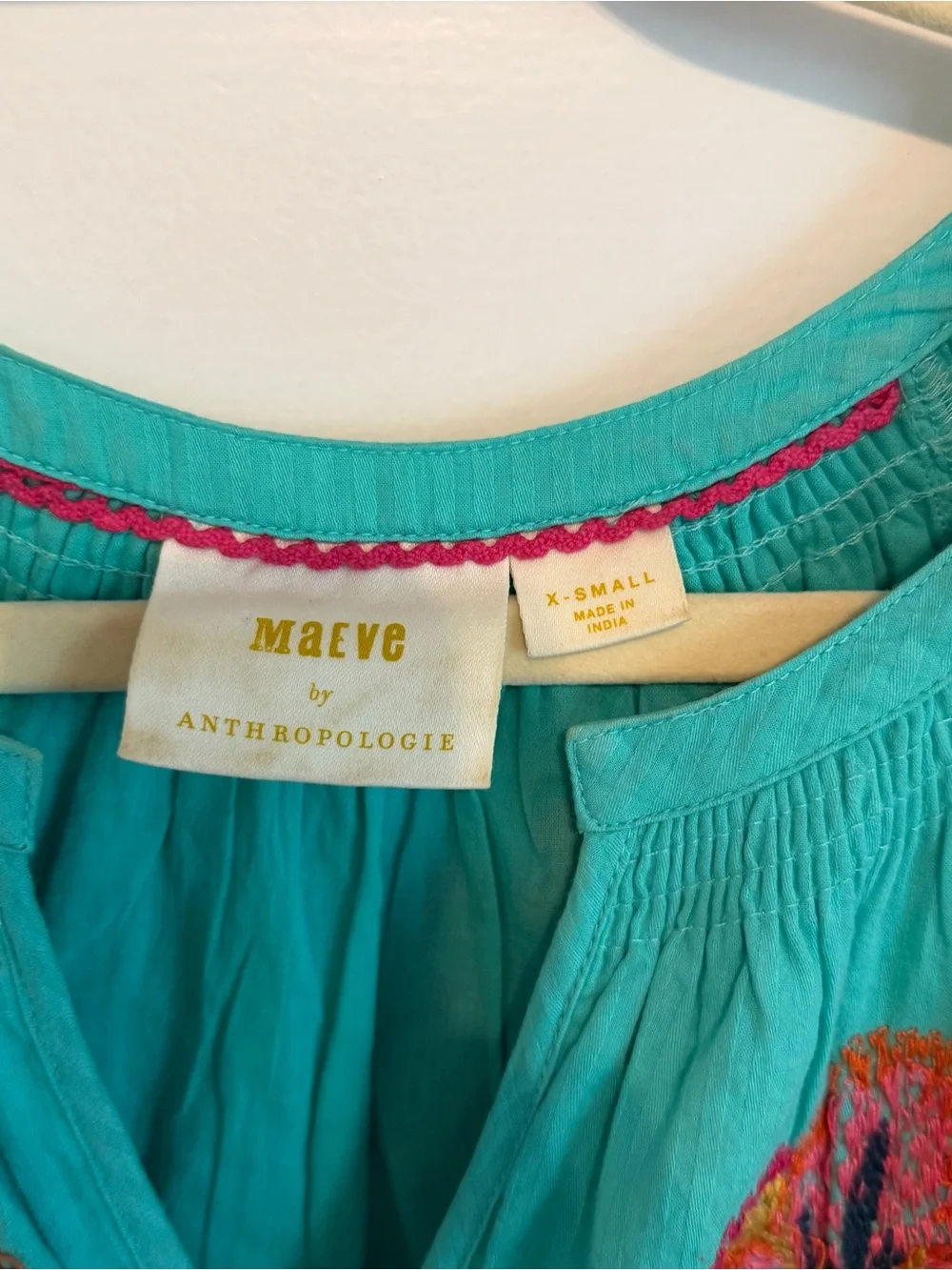 Maeve Anthropologie Embroidered Peasant Blouse XS Aqua Floral Puff Sleeve Cotton - Picture 2 of 7